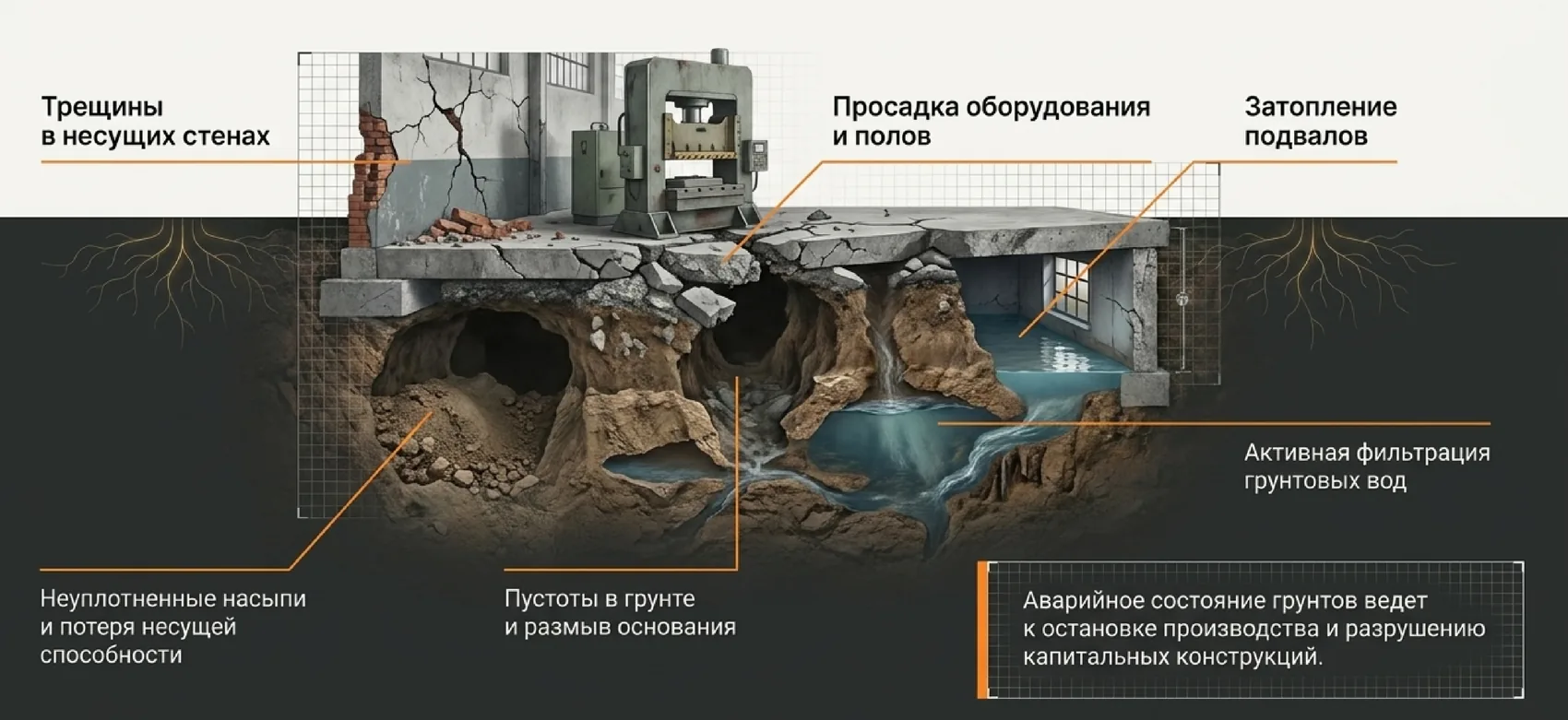 Разрез: трещины в стенах, просадка оборудования и полов, затопление подвала, пустоты в грунте и фильтрация грунтовых вод под фундаментом промышленного здания